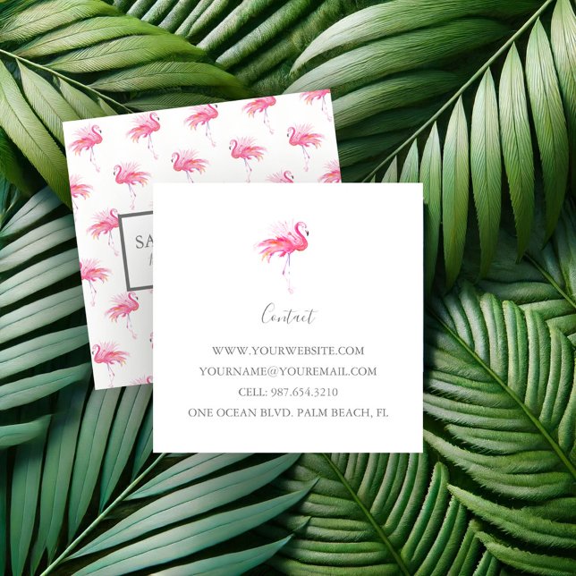 Tropical Pink Flamingo Pattern Square Business Card (Tropical pink flamingo business cards watercolor art by Victoria Grigaliunas of Do Tell A Belle)