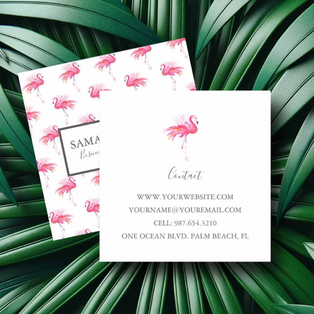 Tropical Pink Flamingo Pattern Square Business Card (tropical girly business cards feature watercolor pink flamingo art by Victoria Grigaliunas)