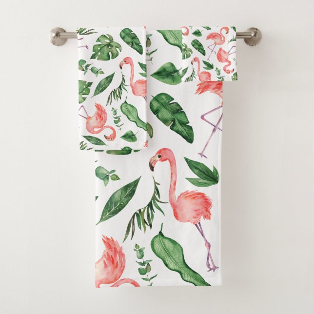 Tropical Pink Flamingo Pattern v2 Bathroom Bath Towel Set (Insitu)