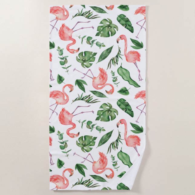 Tropical Pink Flamingo Pattern v2 Beach Towel (Front)