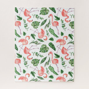 Tropical Pink Flamingo Pattern v2 Jigsaw Puzzle
