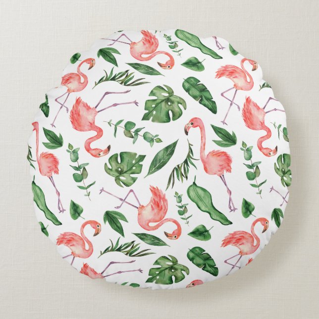Tropical Pink Flamingo Pattern v2 Round Cushion (Front)