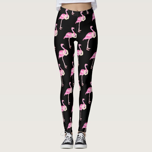 Tropical Pink Flamingo Pattern White Floral Wreath Leggings (Front)