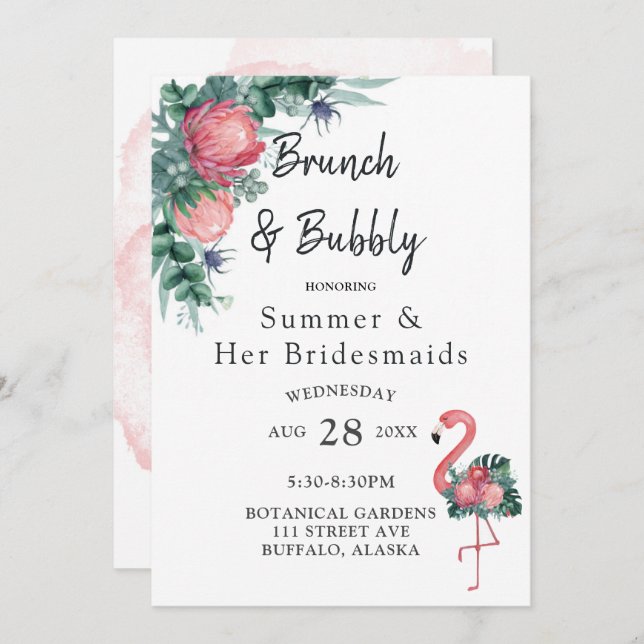 Tropical Pink Flamingo Peony Brunch and Bubbly Invitation (Front/Back)