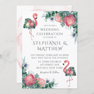 Tropical Pink Flamingo Peony Floral Wedding Invitation