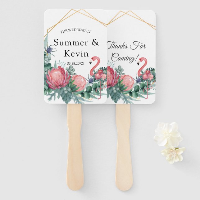 Tropical Pink Flamingo Peony Wedding Thank You Hand Fan (Front and Back)