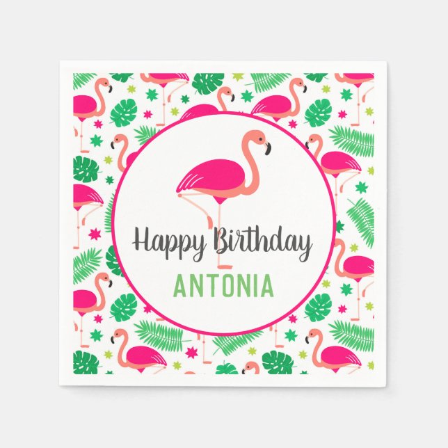 Tropical Pink Flamingo Personalised Birthday Napkin (Front)