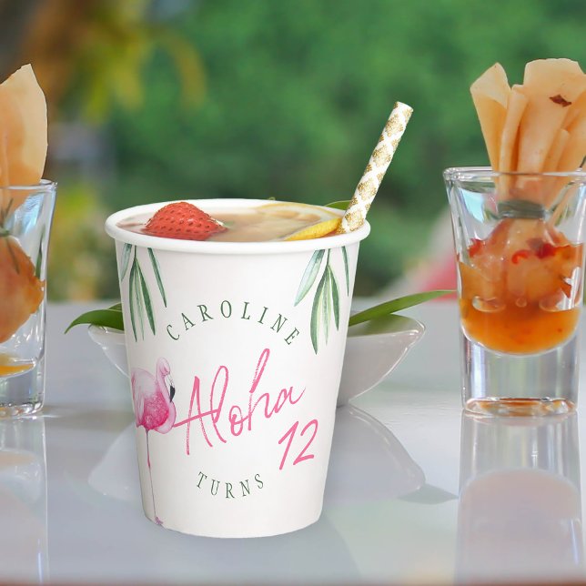 Tropical pink flamingo personalised birthday party paper cups (Creator Uploaded)