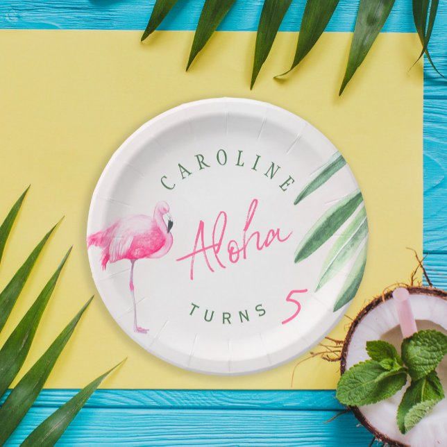 Tropical pink flamingo personalised birthday party paper plate (Creator Uploaded)