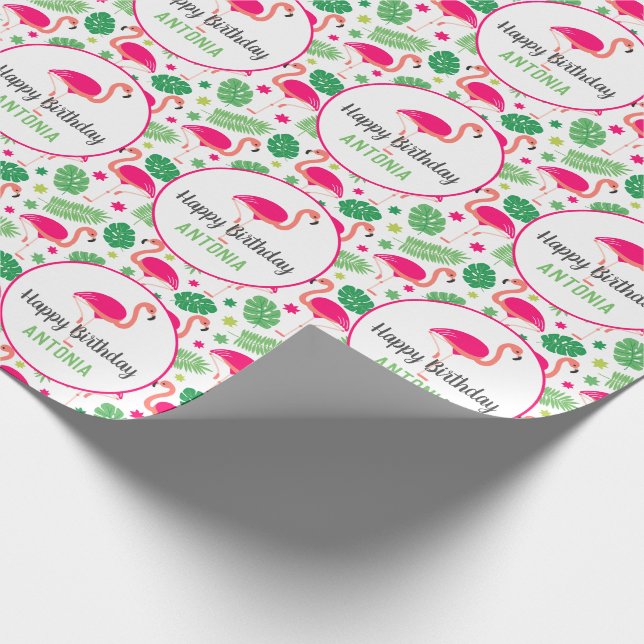 Tropical Pink Flamingo Personalised Birthday Wrapping Paper (Corner)