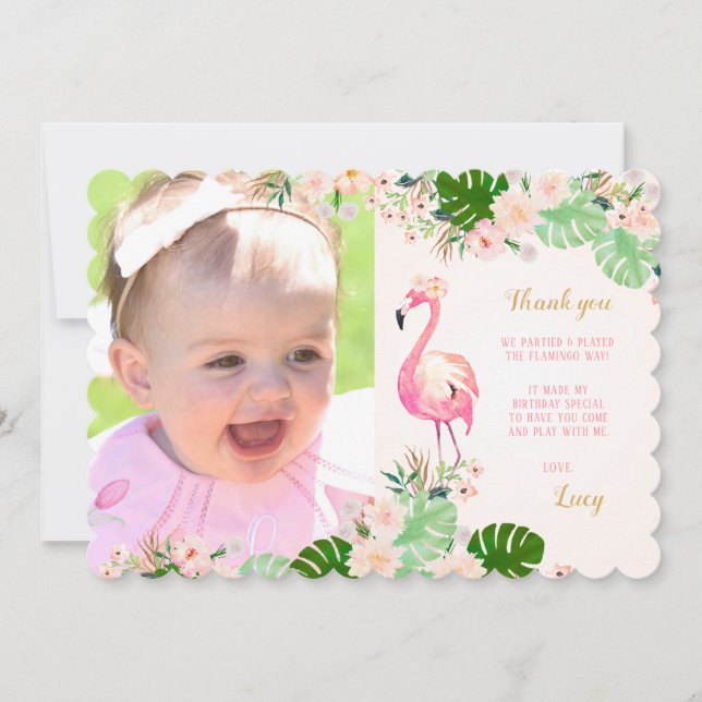 Tropical Pink Flamingo Photo Thank you card (Front)