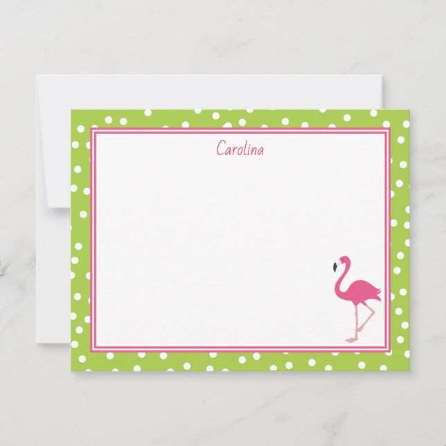 Tropical Pink Flamingo Polka Dots Lime Green Card (Front)