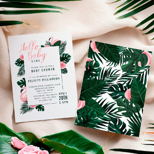 Tropical Pink Flamingo Rose Baby Shower Invitation