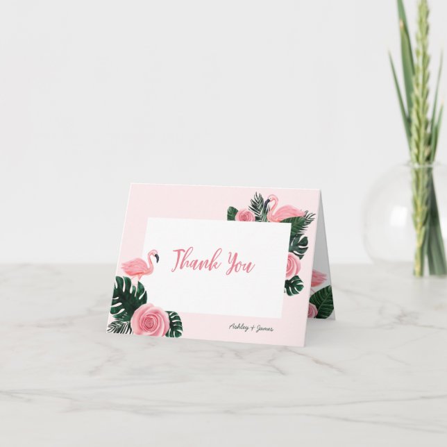 Tropical Pink Flamingo Rose Baby Shower Thank You Card (Front)