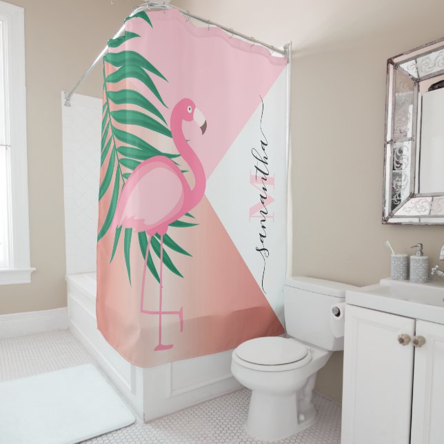 Tropical Pink Flamingo Shower Curtain (In Situ)