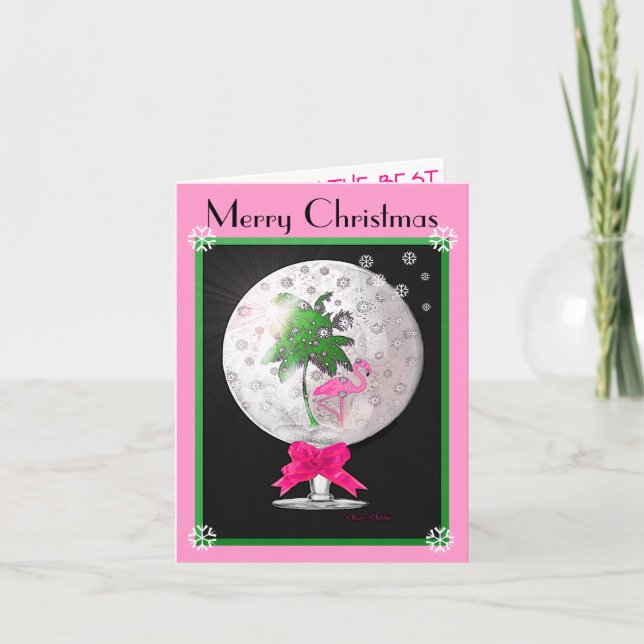Tropical Pink Flamingo Snow Globe Christmas Card (Front)