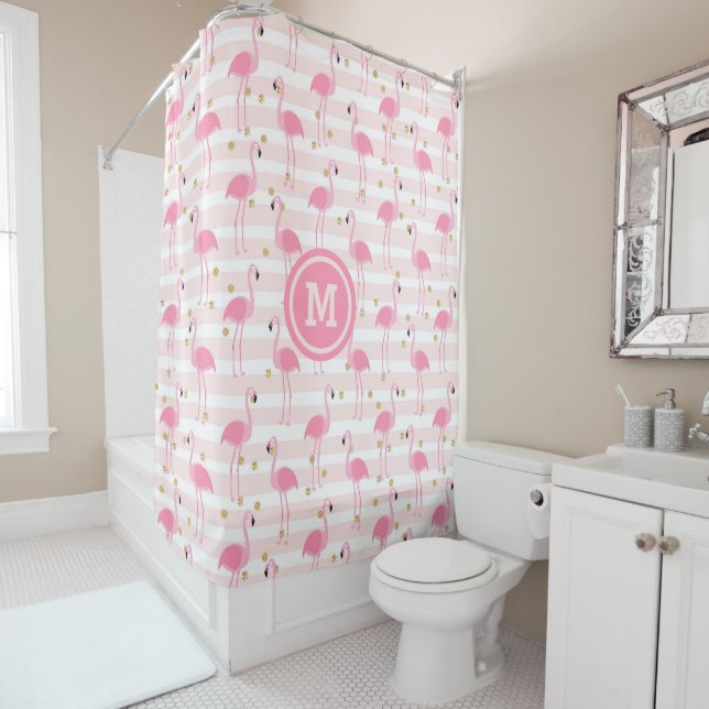 Tropical Pink Flamingo Stripe Monogram  Shower Curtain (In Situ)