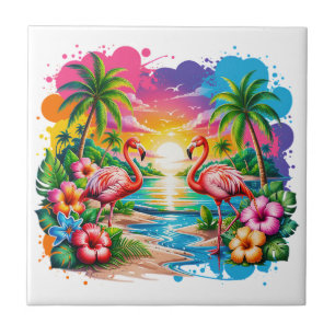 Tropical Pink Flamingo Sunset Paradise Art Ceramic Tile