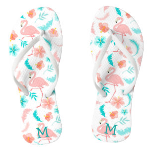 Tropical Pink Flamingo Teal Monogram Thongs