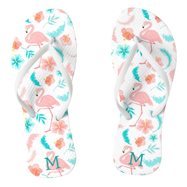 Tropical Pink Flamingo Teal Monogram Thongs (Footbed)