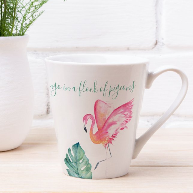 Tropical Pink Flamingo Water Bird  Latte Mug (Flamingo lover gifts for her feature tropical watercolor art by Victoria Grigaliunas of DoTellABelle)