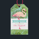 Tropical Pink Flamingo Wedding Bridal Shower Gift Tags<br><div class="desc">Wedding bridal shower favour stickers feature a pretty pink flamingo with lush frame of green palm leaves. Stylish custom text can be personalised with the bride's name and custom Mahalo / thank you message on the back. Vibrant colours include pink,  magenta,  green,  seafoam,  and aqua blue.</div>