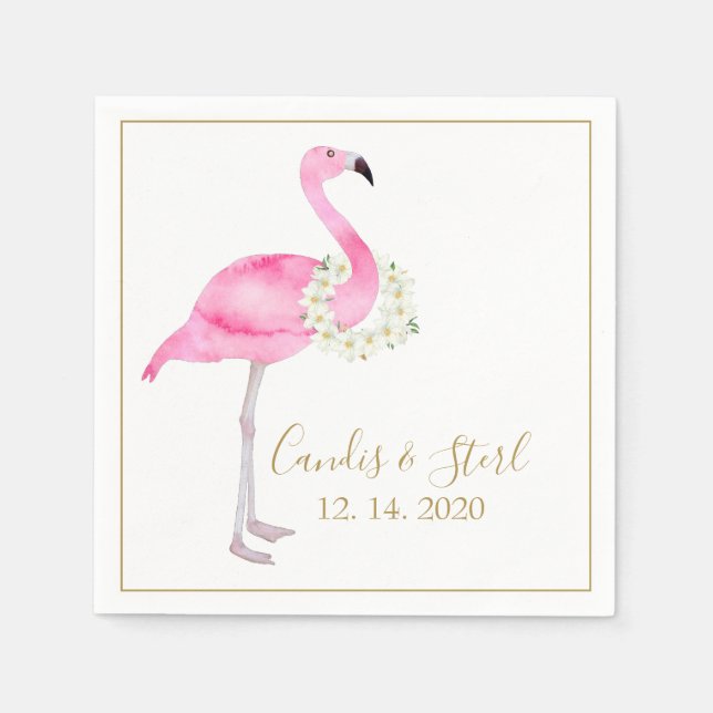 Tropical Pink Flamingo White Magnolia Elegant Napkin (Front)