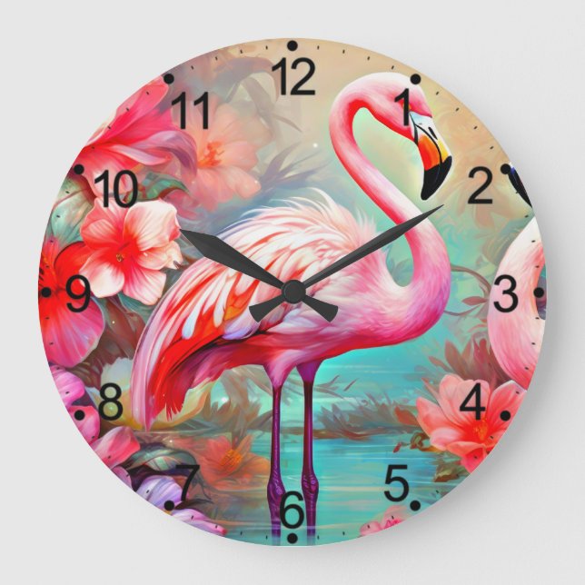 Tropical Pink Flamingo with Flowers-87361 Large Clock (Front)