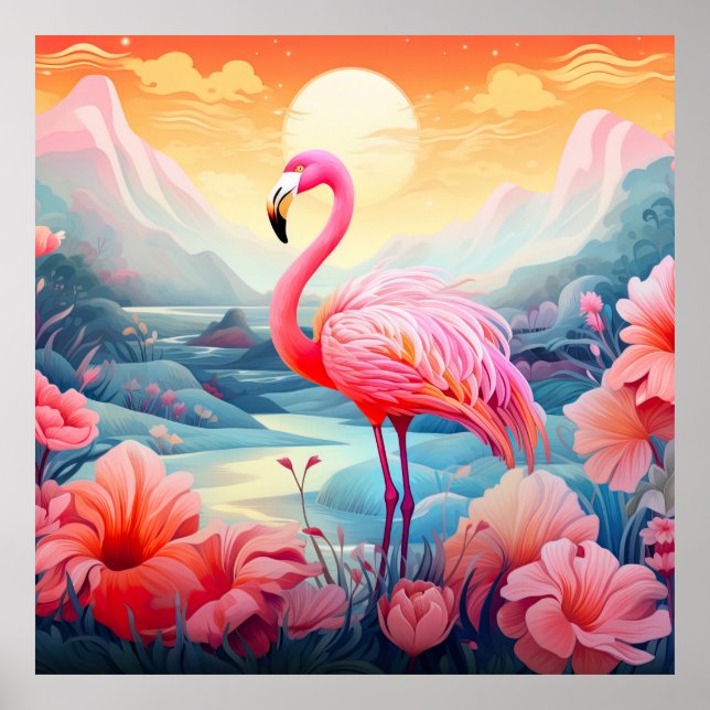 Tropical Pink Flamingo with Flowers Poster (Front)