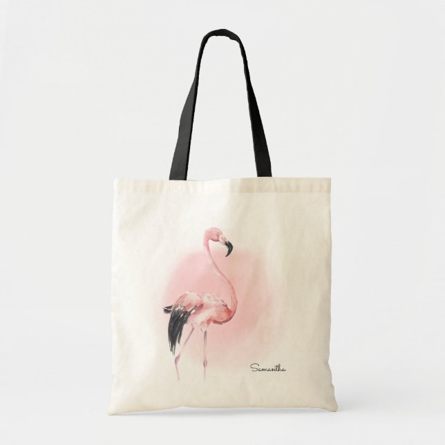 Tropical Pink Flamingo with Name Tote Bag (Front)
