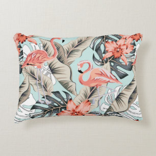 Tropical pink flamingo with orchid flowers and lea decorative cushion