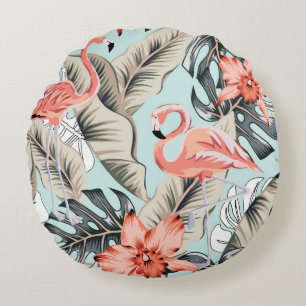 Tropical pink flamingo with orchid flowers and lea round cushion