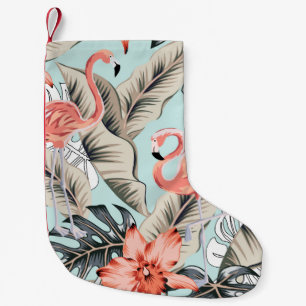 Tropical pink flamingo with orchid flowers and lea small christmas stocking