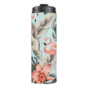 Tropical pink flamingo with orchid flowers and lea thermal tumbler