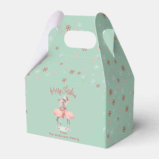 Tropical Pink Flamingo With Santa Hats Christmas Favour Box (Front Side)