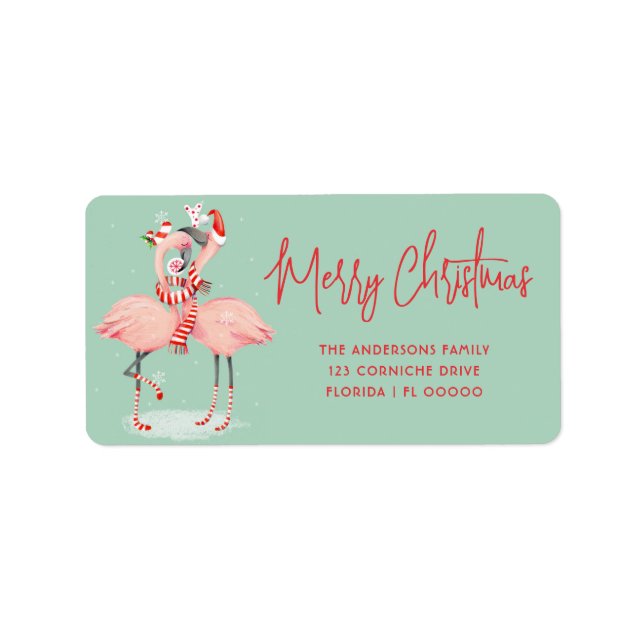 Tropical Pink Flamingo With Santa Hats Christmas Label (Front)
