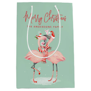 Tropical Pink Flamingo With Santa Hats Christmas Medium Gift Bag