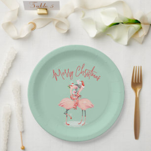Tropical Pink Flamingo With Santa Hats Christmas Paper Plate