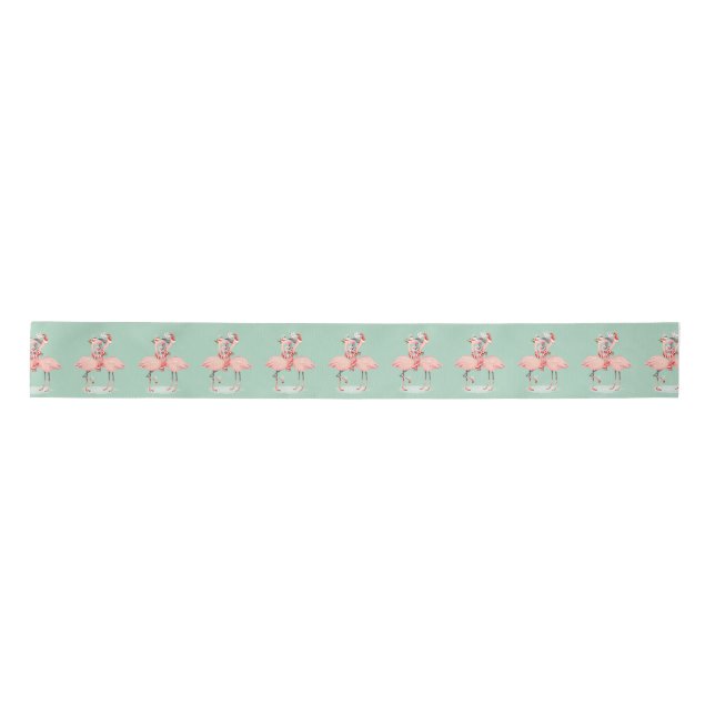 Tropical Pink Flamingo With Santa Hats Christmas Satin Ribbon (Front)