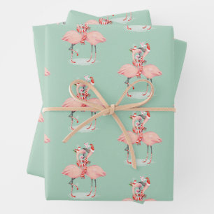 Tropical Pink Flamingo With Santa Hats Christmas Wrapping Paper Sheet