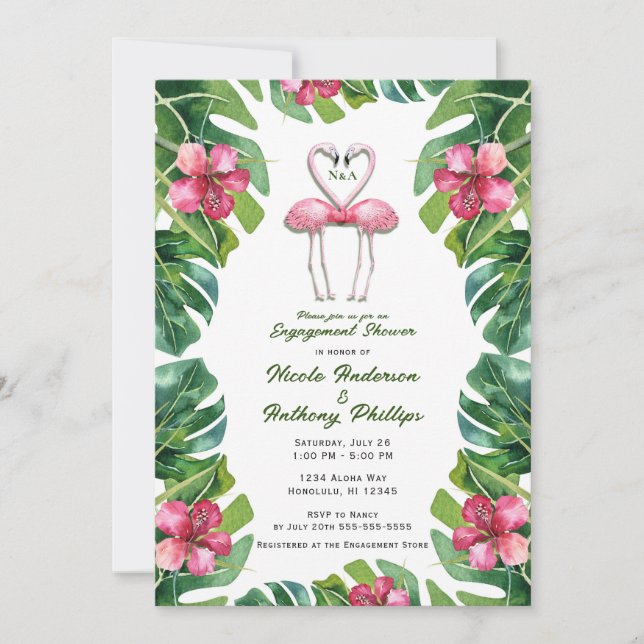 Tropical  Pink Flamingos Engagement Shower Party Invitation (Front)