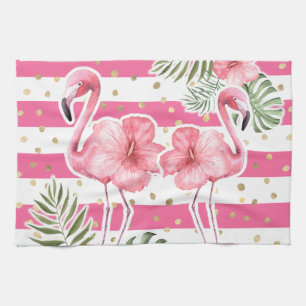 Tropical Pink Flamingos Floral Gold Polka Dots Tea Towel