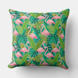 Tropical Pink Flamingos Jungle Foliage Cushion