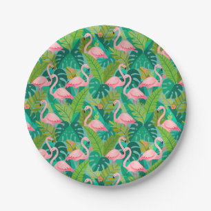 Tropical Pink Flamingos Jungle Foliage Paper Plate