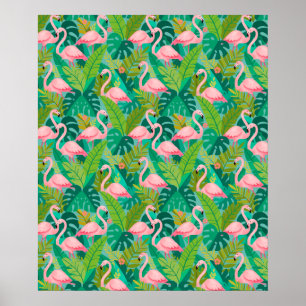 Tropical Pink Flamingos Jungle Foliage Poster