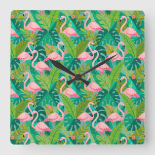 Tropical Pink Flamingos Jungle Foliage Square Wall Clock