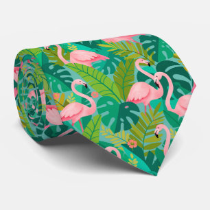 Tropical Pink Flamingos Jungle Foliage Tie