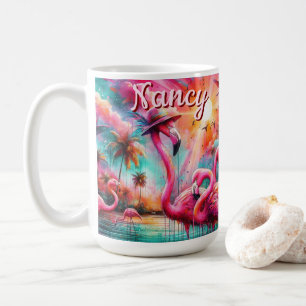 Tropical Pink Flamingos Palm Trees Personalised Coffee Mug