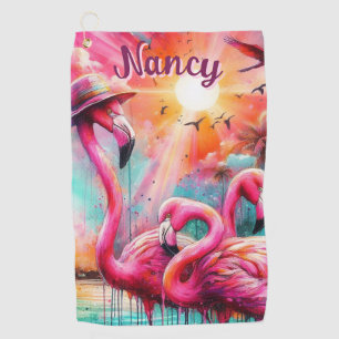 Tropical Pink Flamingos Palm Trees Personalised Golf Towel