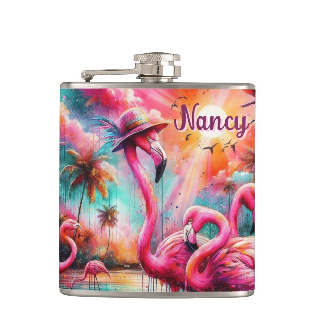 Tropical Pink Flamingos Palm Trees Personalised Hip Flask (Front)